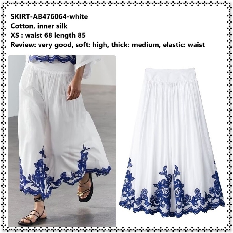 AB476064 Rok Panjang Midi Skirt Pesta Bordir A Line Lebar Karet Wanita Korea Import Biru Putih Blue 