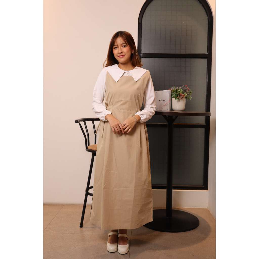 Missty Freeteen Gamis Dress Wanita Warna Cokelat Muda Inner Putih One Set Bahan Katun Kualitas Premi