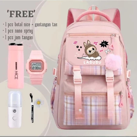 Tas Ransel Anak Perempuan Labubu  Tas Sekolah Anak Free Botol Minum Nano Spray Jam Gantungan Kipas