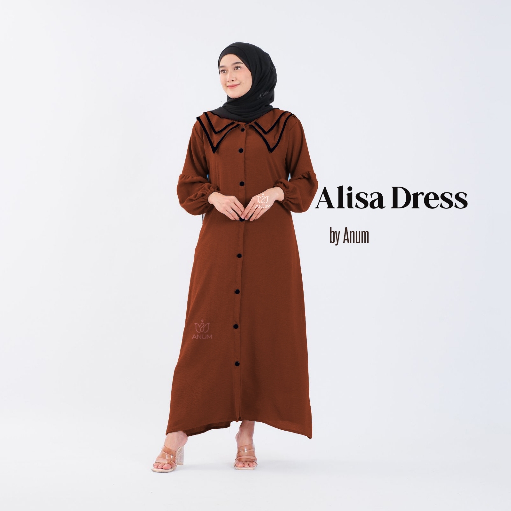Gamis Dress Alisa Wanita Remaja Bahan Crinkle Airflow Premium Polos Kerah Tumpu Lebaran 2025
