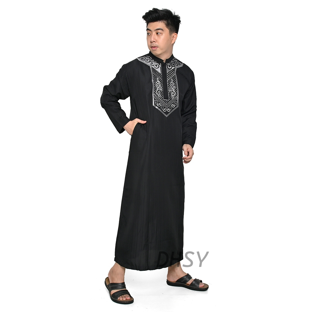 DHSY Gamis Hitam Lengan Panjang Jubah Pria Motif Bordir