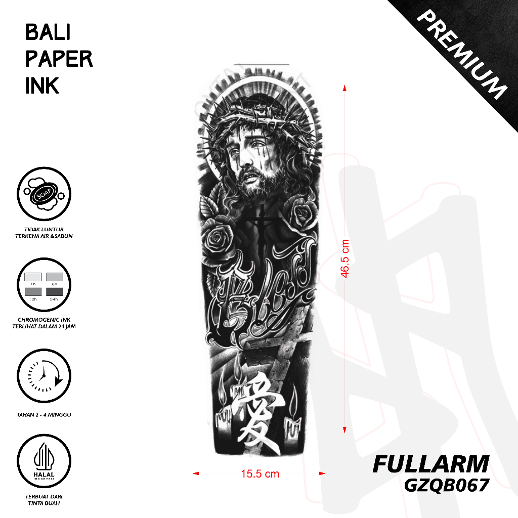 Bali Paper Ink GZQB067 JesusFruit Ink Tatto Temporary Premium Tato Temporer Full Lengan - Tato Lenga