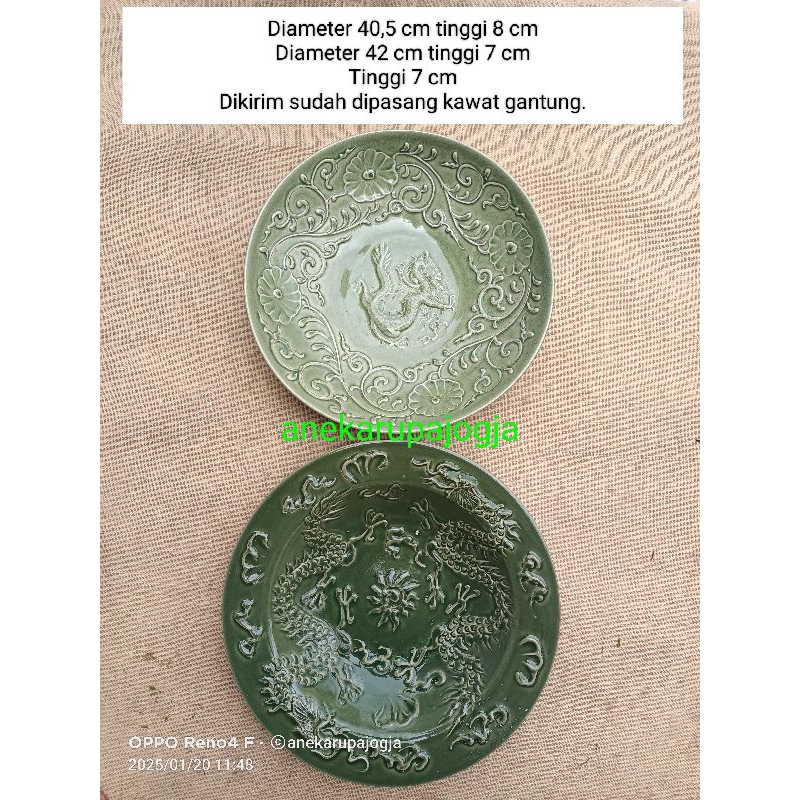 2 buah piring keramik lukis hijau celadon naga timbul untuk dekorasi hiasan dinding