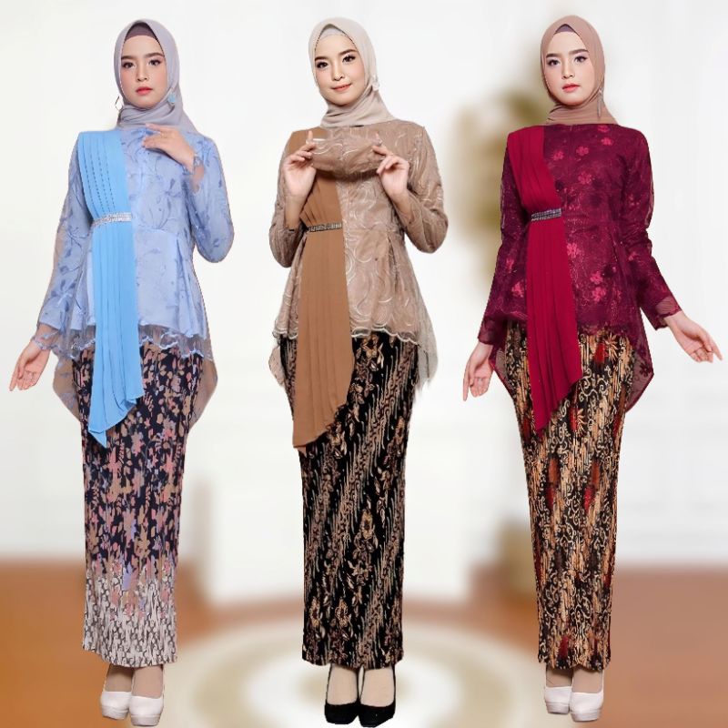 SETELAN KEBAYA AURORA TILE SELENDANG / SET KEBAYA SELENDANG BAHU MODERN + ROK PLISKET BATIK  / KEBAY