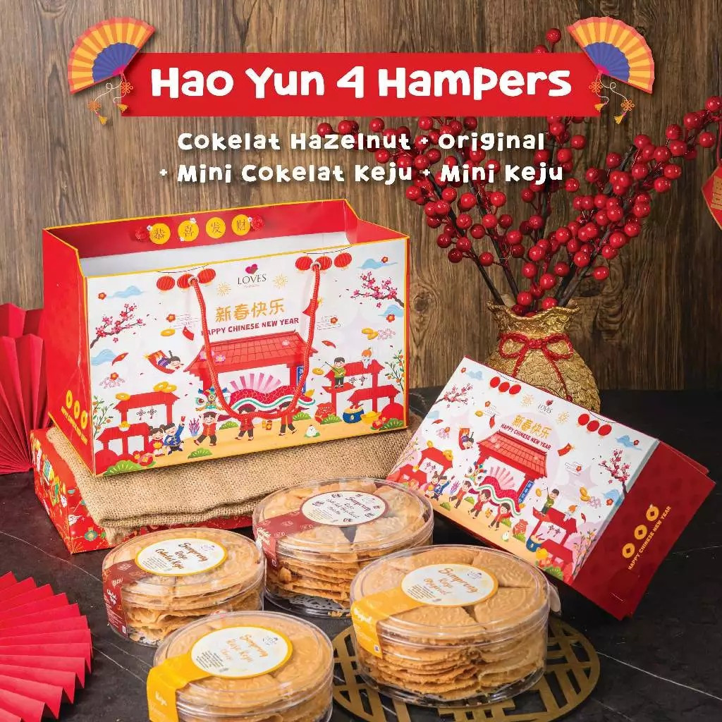 

Hao Yun 4 Hampers Imlek CNY Isi Cokelat Hazelnut + Original + Mini Cokelat Keju + Mini Keju by Loves Semprong