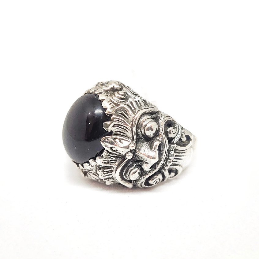 Cincin Ring Perak silver Ukir Barong Rangda Batu Permata Hijau Peridot Besar Asli 925 Pria Custom
