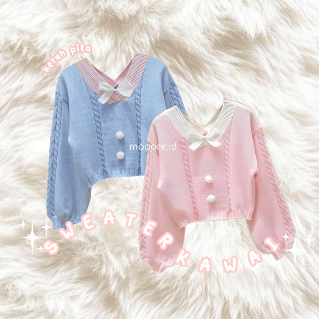 Sweater Kawai Vintage Pita Kerah V Premium Tebal Sueterku Sweater Kawai Rajut Pompom Premium - M05