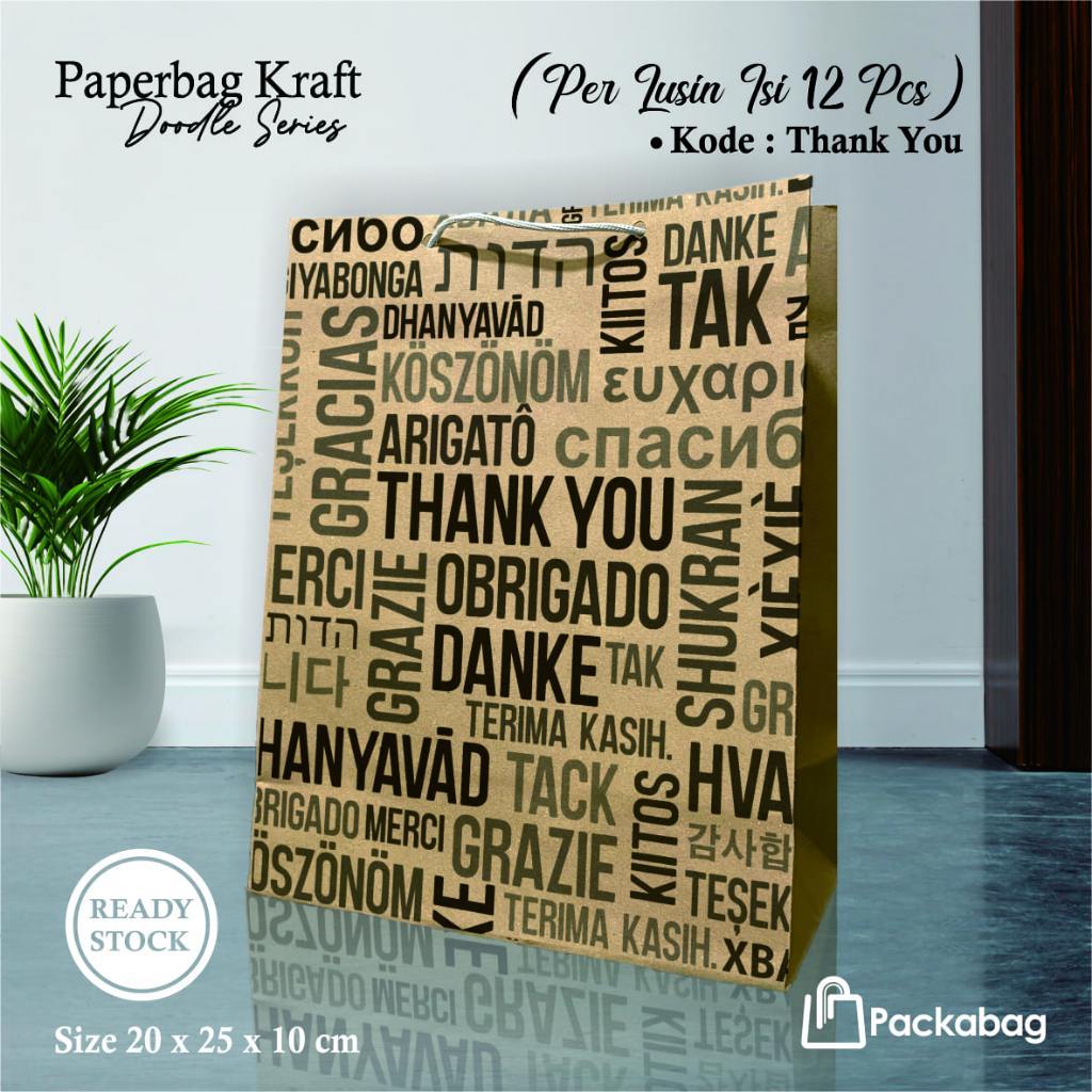 

(12pcs) PAPER BAG SABLON MOTIF THANK YOU READY STOCK UKURAN 20 X 25 X 10 CM LUSINAN