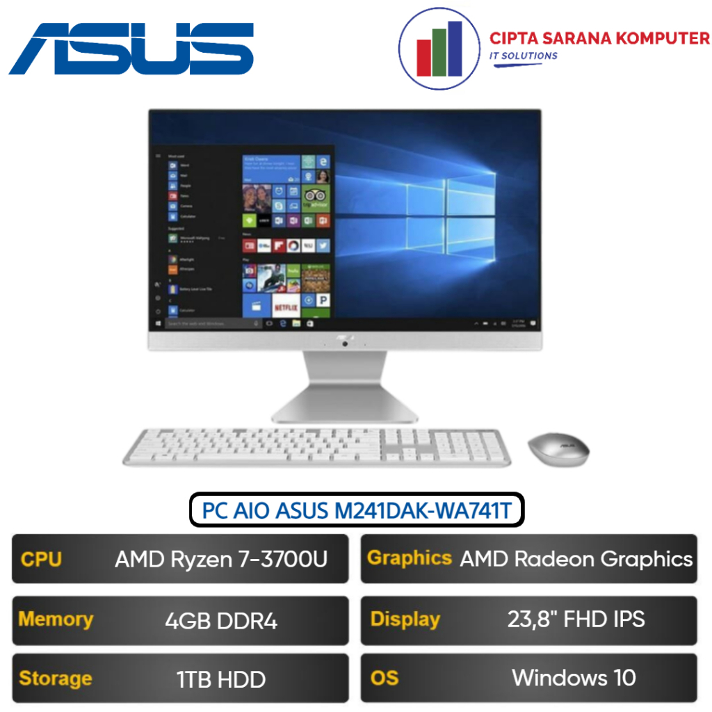PC AIO ASUS M241DAK-WA741T Ryzen 7-3700U 4GB 1TB W10 23.8" FHD