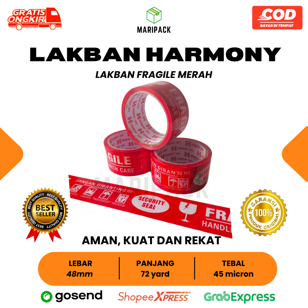

HARMONY Lakban Solasi FRAGILE Merah 48mm x 72 Yard (Roll)
