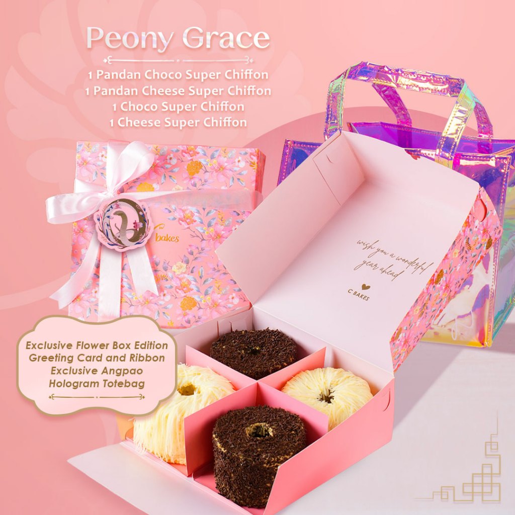 

C Bakes - Peony Grace CNY Imlek Hampers Parcel Super Chiffon Box of 4 / Set Hadiah Kado Parsel Imlek Kue Chiffon isi 4