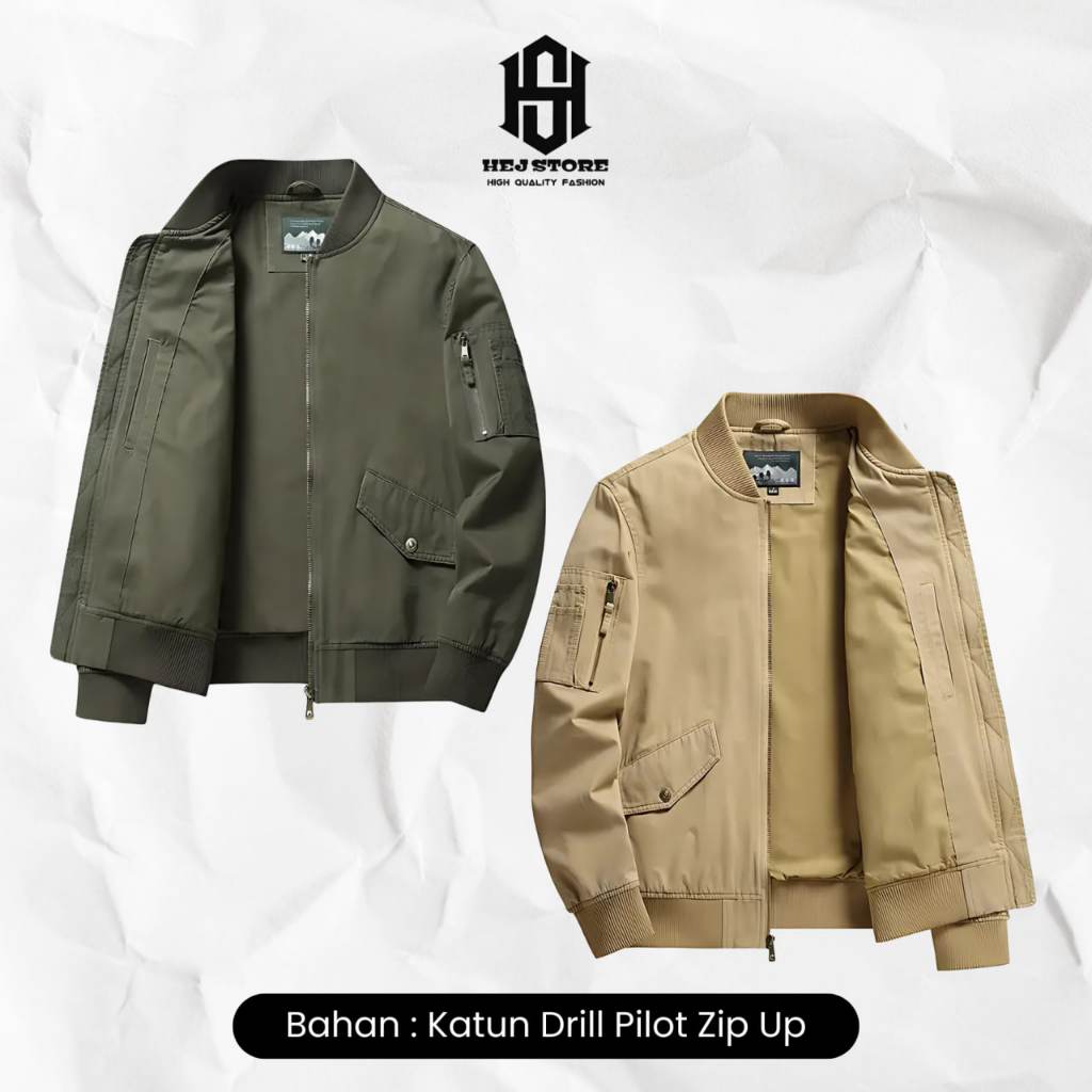 HEJ Jaket Bomber Pria Katun Drill Pilot Zip Up Casual Style Basic Kerah Polo Collar