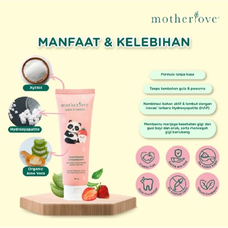 Motherlove Tisu Tanpa Busa Toothpaste Strawberry Organic Aloe Vera pasta gigi anak