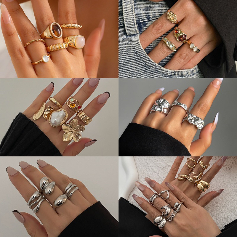 Gold & silver statement ring set / set cincin vintage / boho bohemian ring