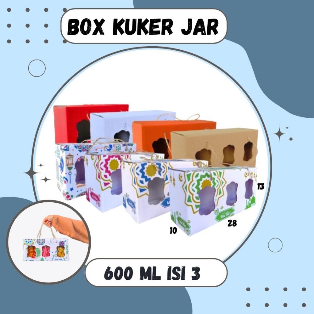 

Box Kue Kering 28x10x13 Jinjing (KUKER TOPLES JAR 600 ISI 3) Box Jinjing Kardus Lebaran Idul Fitri Hampers Polos/Motif