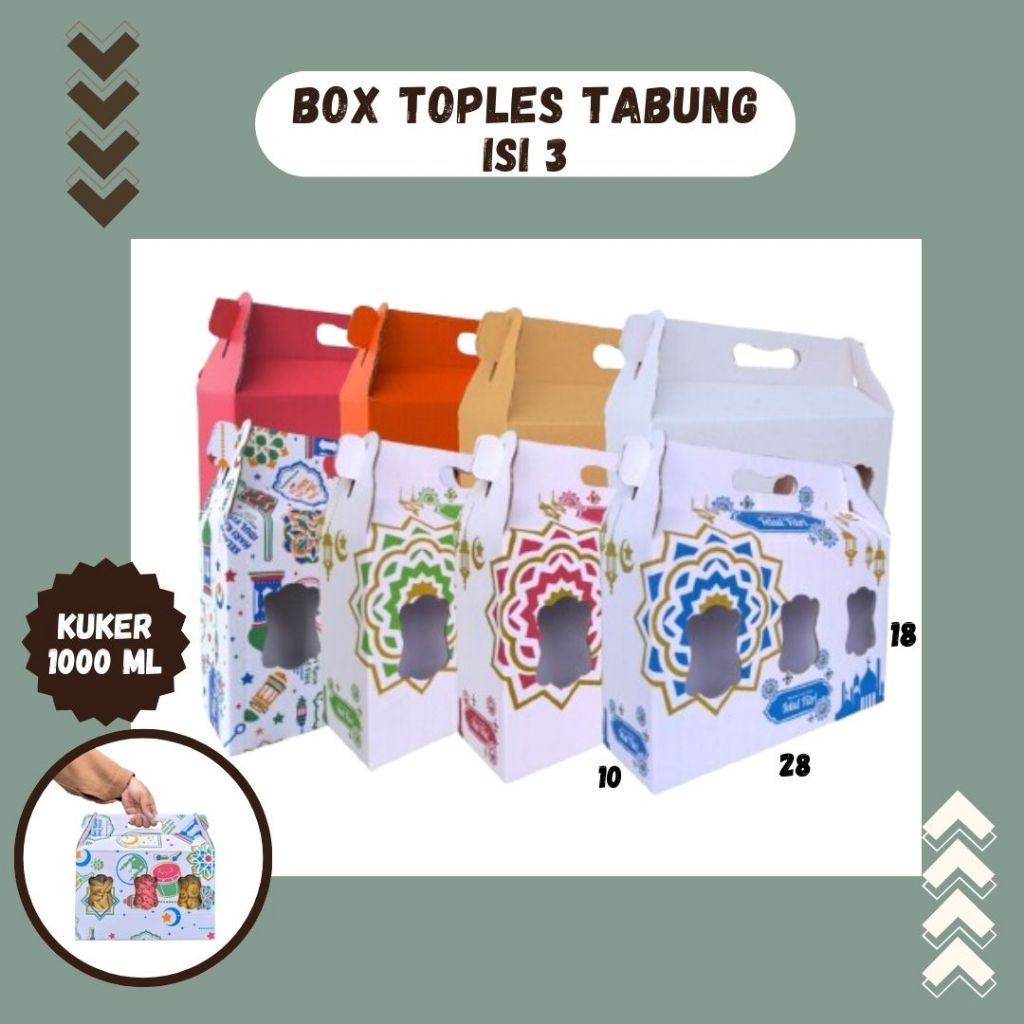 

Box Kuker 28x10x18 Jinjing (KUKER TOPLES JAR 1000ml Isi 3) Kardus Kue Kering / Idul Fitri /Hampers / Lebaran / Gable Box Polos/Motif