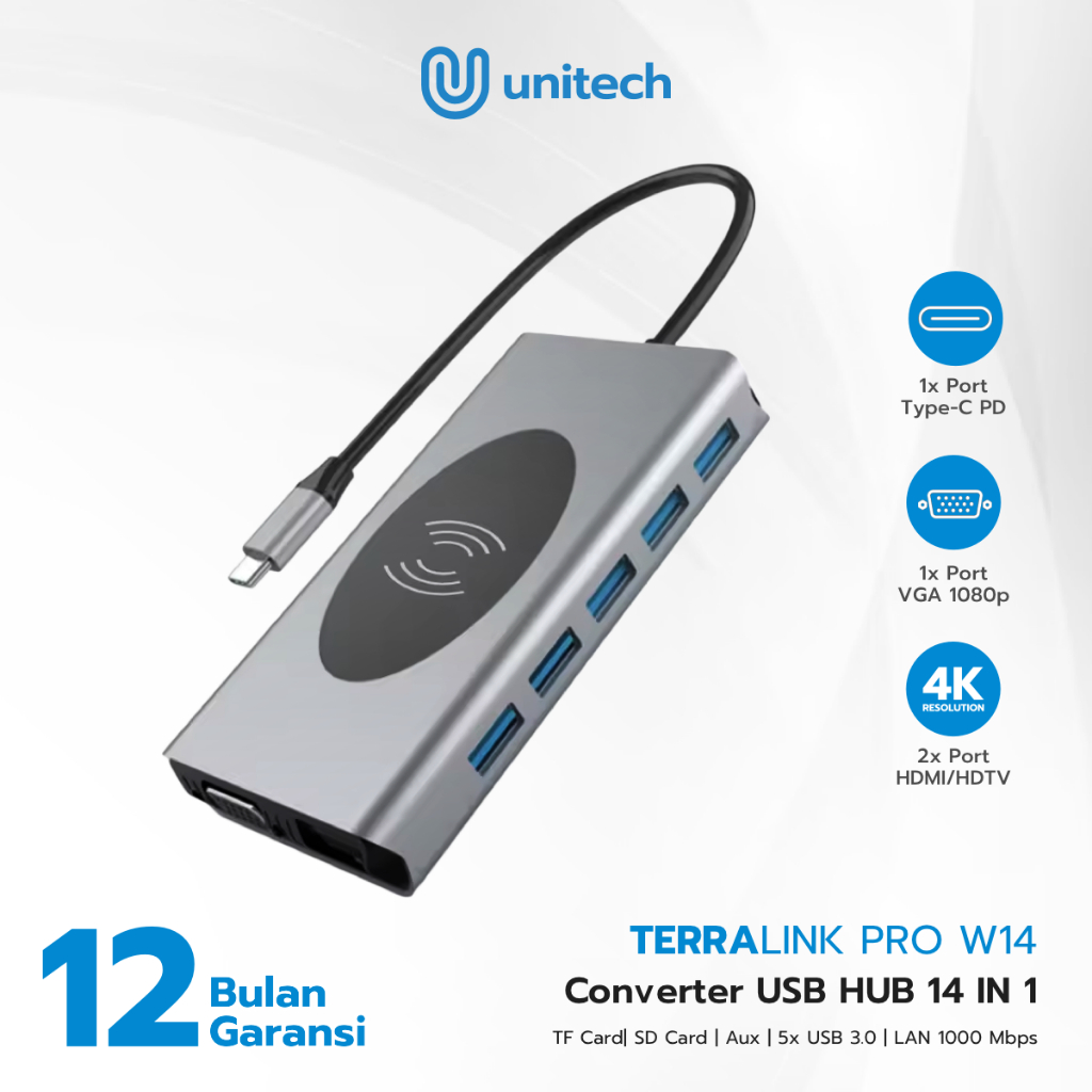 Converter USB - C / USB HUB Unitech TerraLink Pro W14 Hub 14 in 1 | HDMI 4K | USB-C | USB 3.0 | VGA 