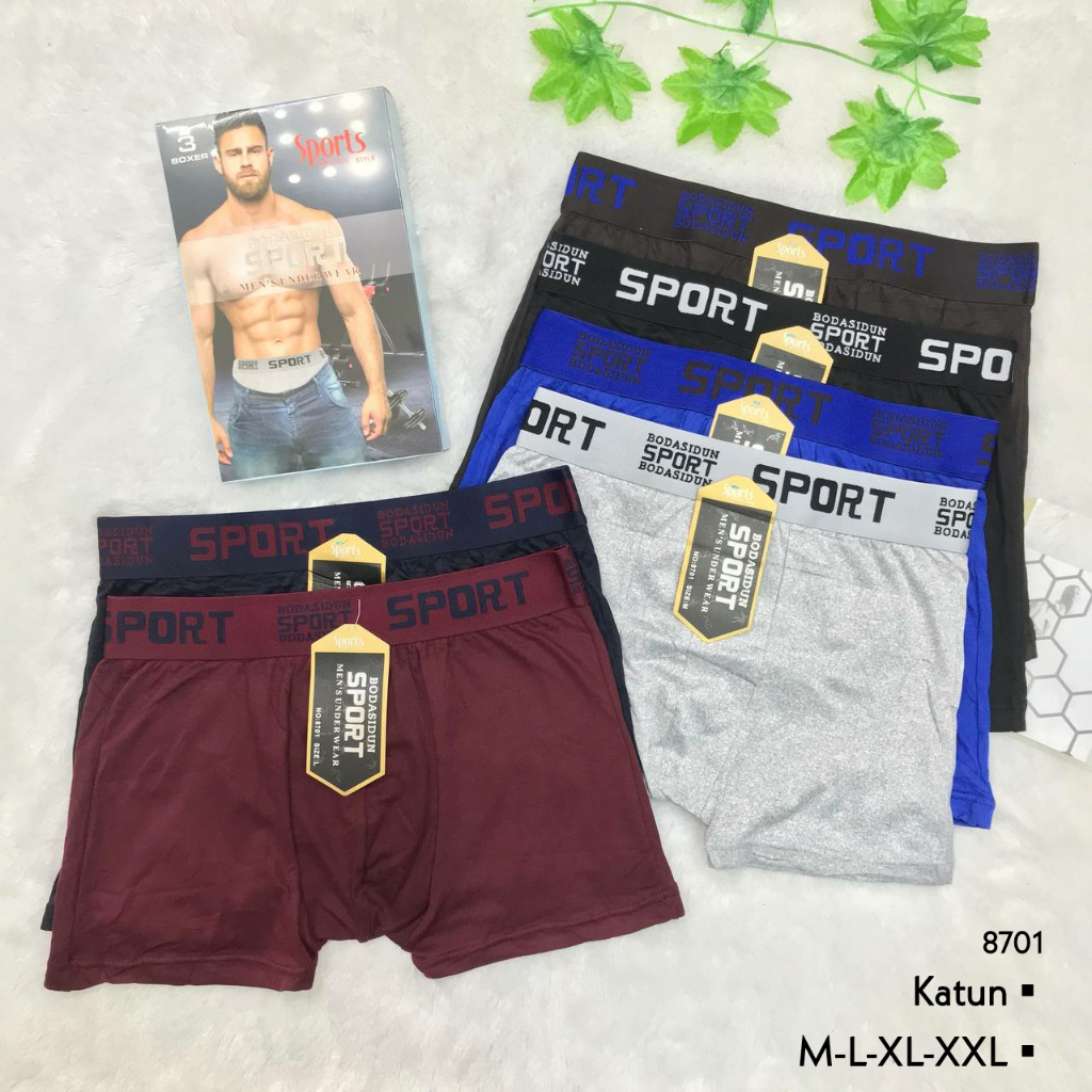 RVC75 - 3pcs Celana Dalam Boxer Pria M L XL XXL CD Cowok Katun Polos Pakaian Dalam Dewasa Underwear 