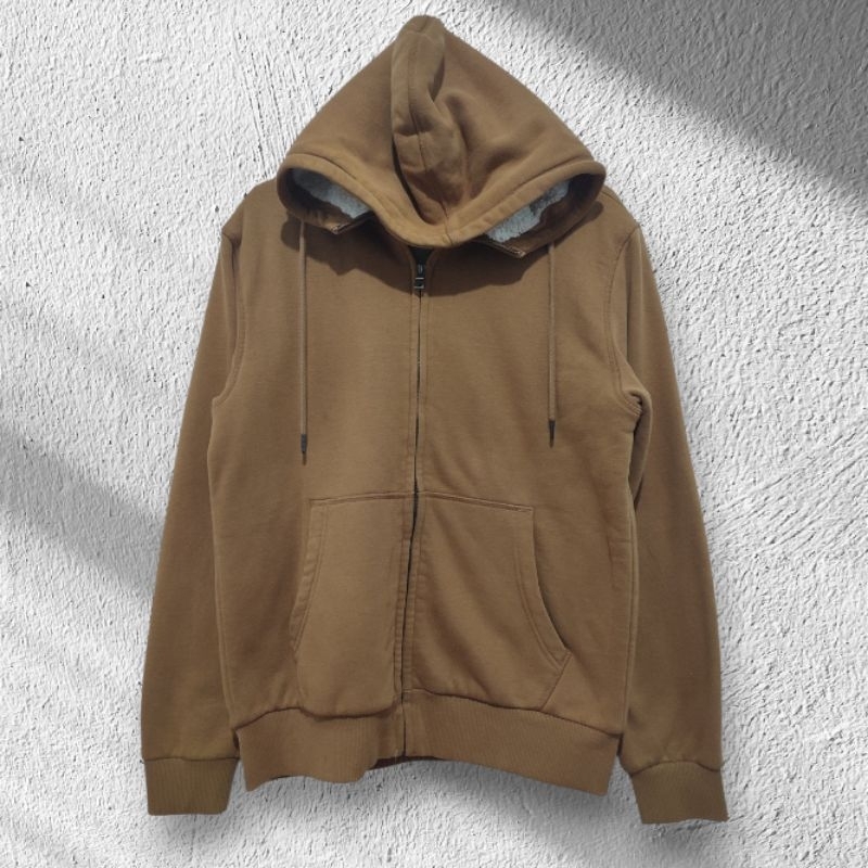 Jaket Hoodie Pria Hangten Sherpa Brown