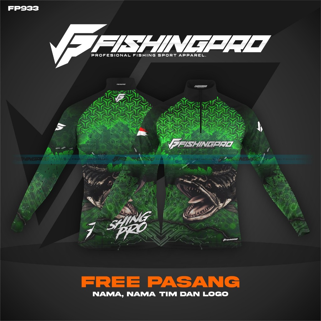 Jersey baju Mancing FishingPro Toman/Snakehead/Gabus Green Triangle Stack Part 144 | Bahan anti UV