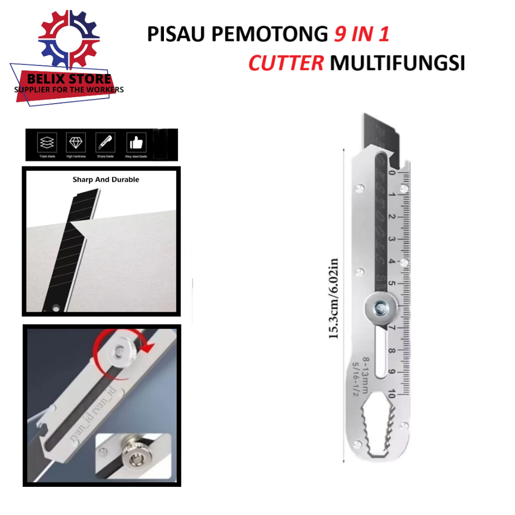 

Cutter Stainless 9 in 1 Pisau Pemotong Pengukur Pembuka Kunci Wrench Multifungsi