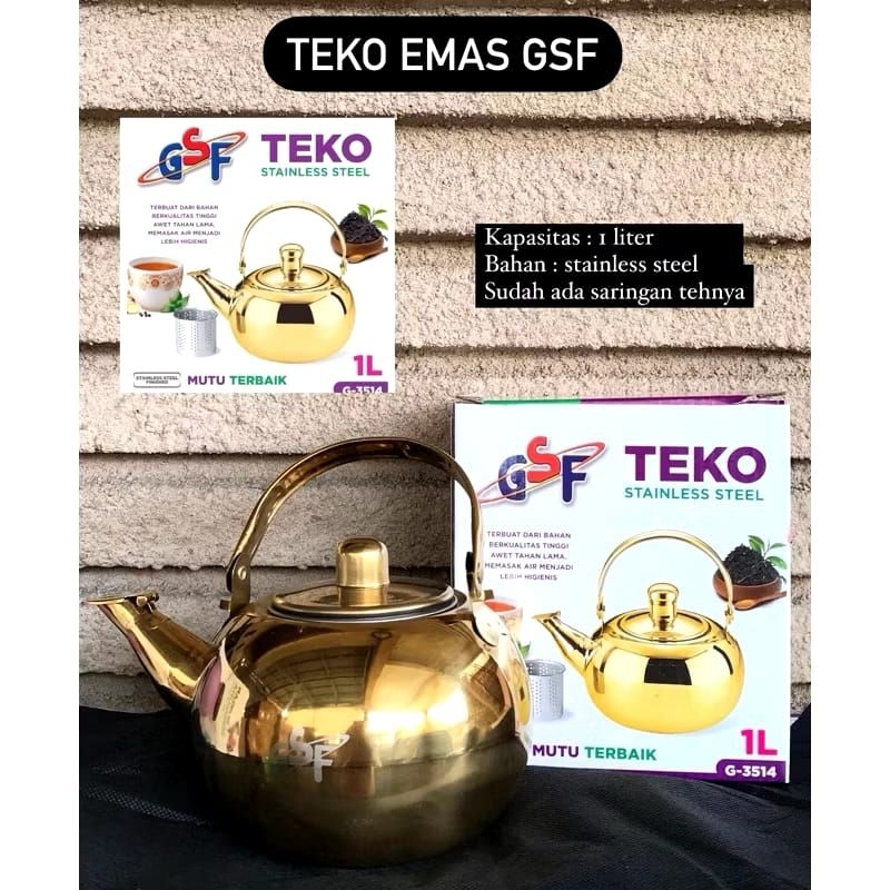 Teko stainles warna gold gsf saringan teh 1 liter / Teko saringan teh GSF