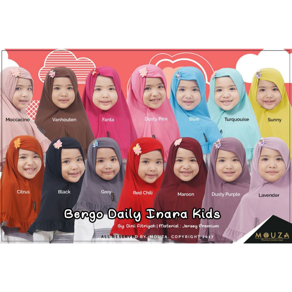 Mouza Inara Kids Bergo Anak Navy Tosca Brown Light Grey White Black Dark Grey Bahan Jersey Premium