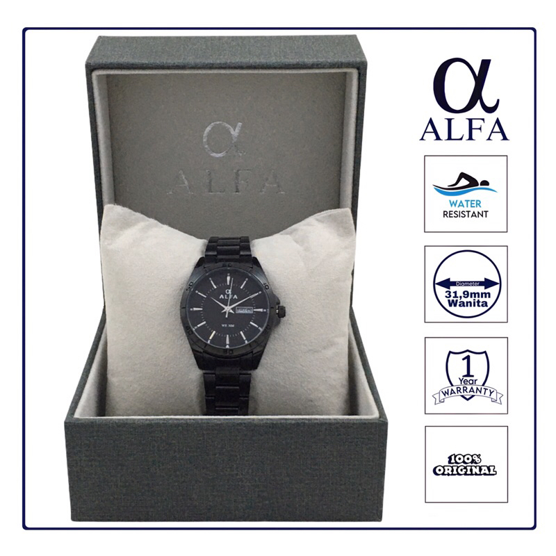 ALFA Jam Tangan Pria Wanita Tahan Air Warna Hitam R8002 Original