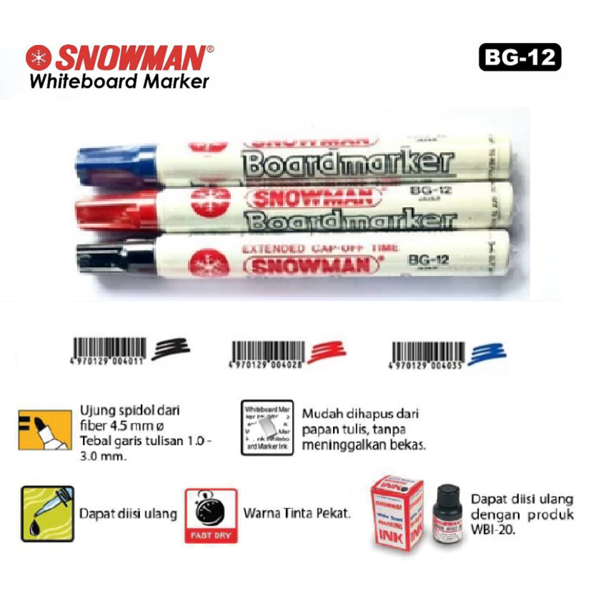 

Spidol Whiteboard Papan Tulis Snowman BG-12 Marker WARNA HITAM, BIRU,MERAH HITAM -BISA DIHAPUS 1pcs