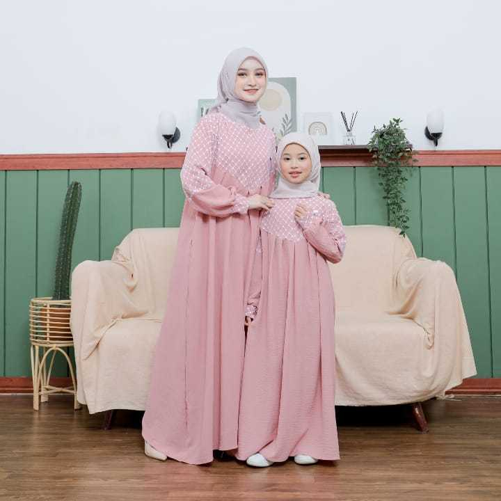Gamis Syari Pink Baju Gamis Serimbit Couple IBU Dan Anak Perempuan Terbaru