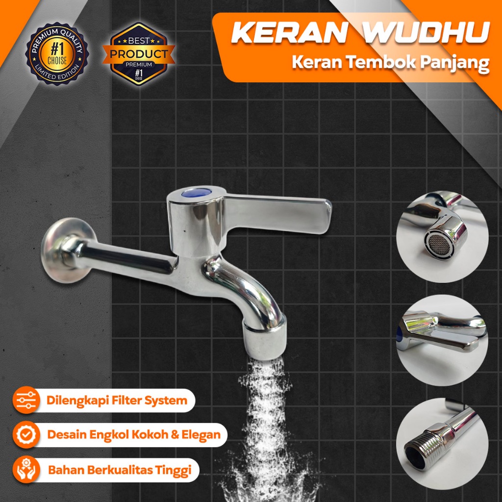 RALALI Kran Air Tembok Panjang Drat 1/2” Keran Wudhu – Kran Tembok Keran Air Taman Panjang 17 CM Ker