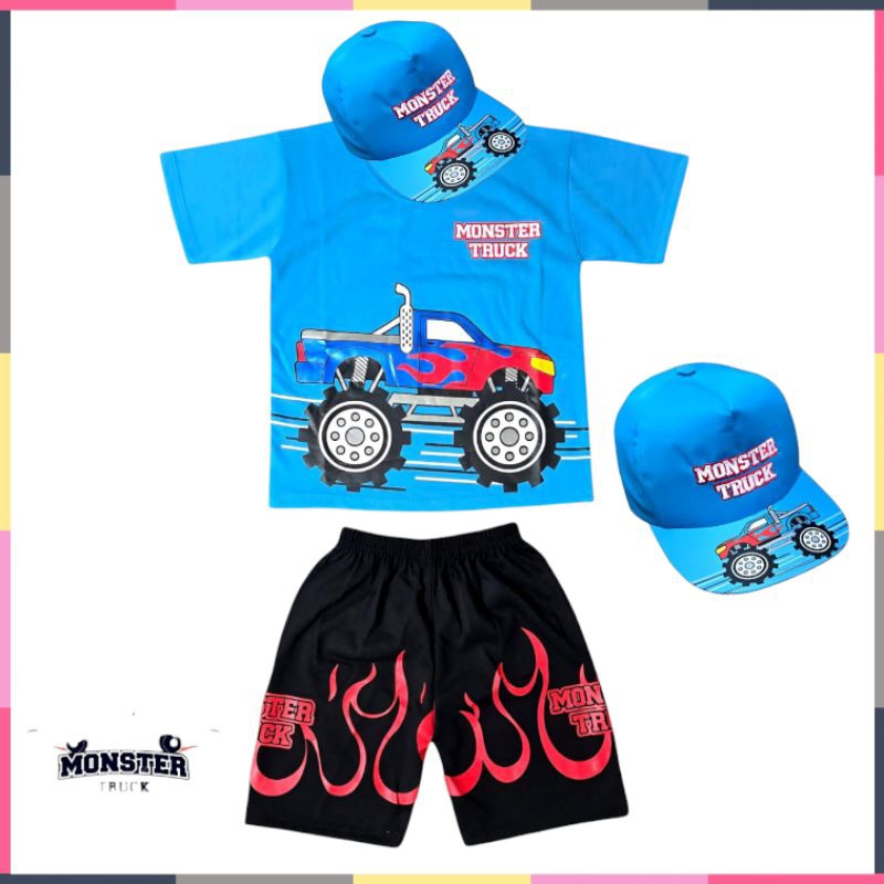 SETELAN BAJU ANAK LAKI-LAKI MONSTER TRUK ADA TOPI UNTUK USIA 1-10 TAHUN