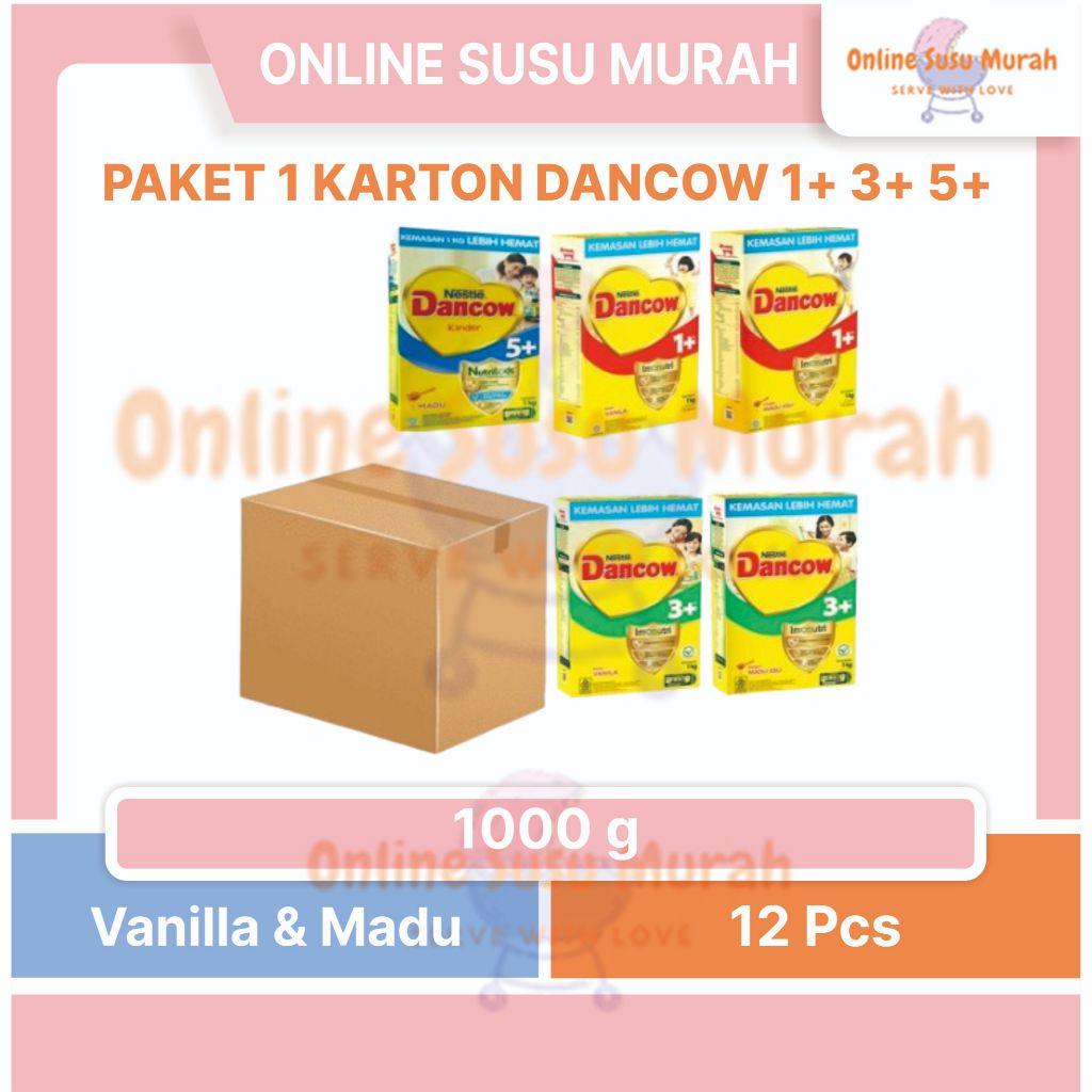 DANCOW 1+ 3+ VANILA MADU 5+ MADU PAKET 1 KARTON 1000 GR x 12 PCS TAHAP 1 3 5 1KG 1000GR SSKD