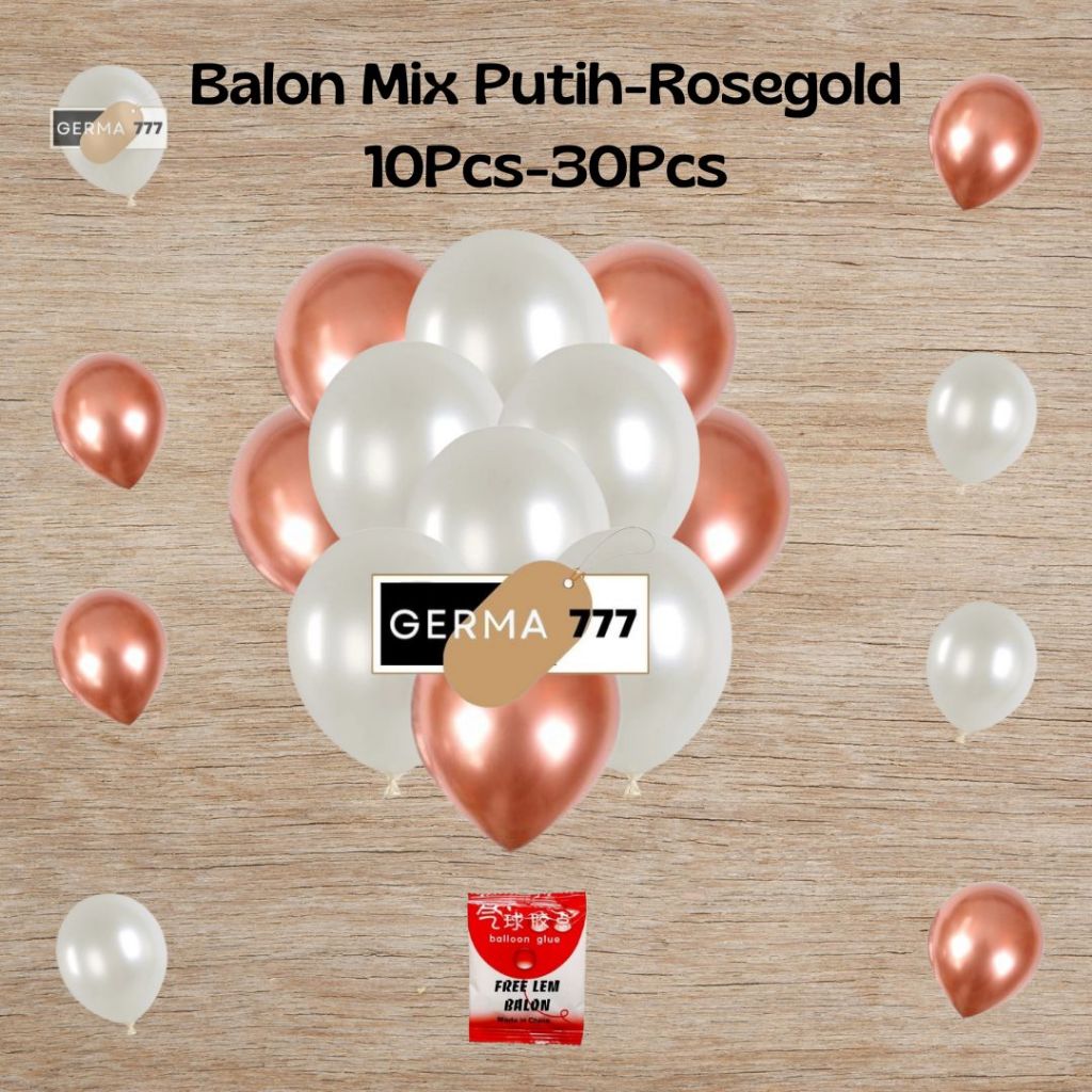 Balon Metalik Mix Warna Hitam Gold Putih Silver Rosgold isi 10pcs-30pcs Free Lem Balon