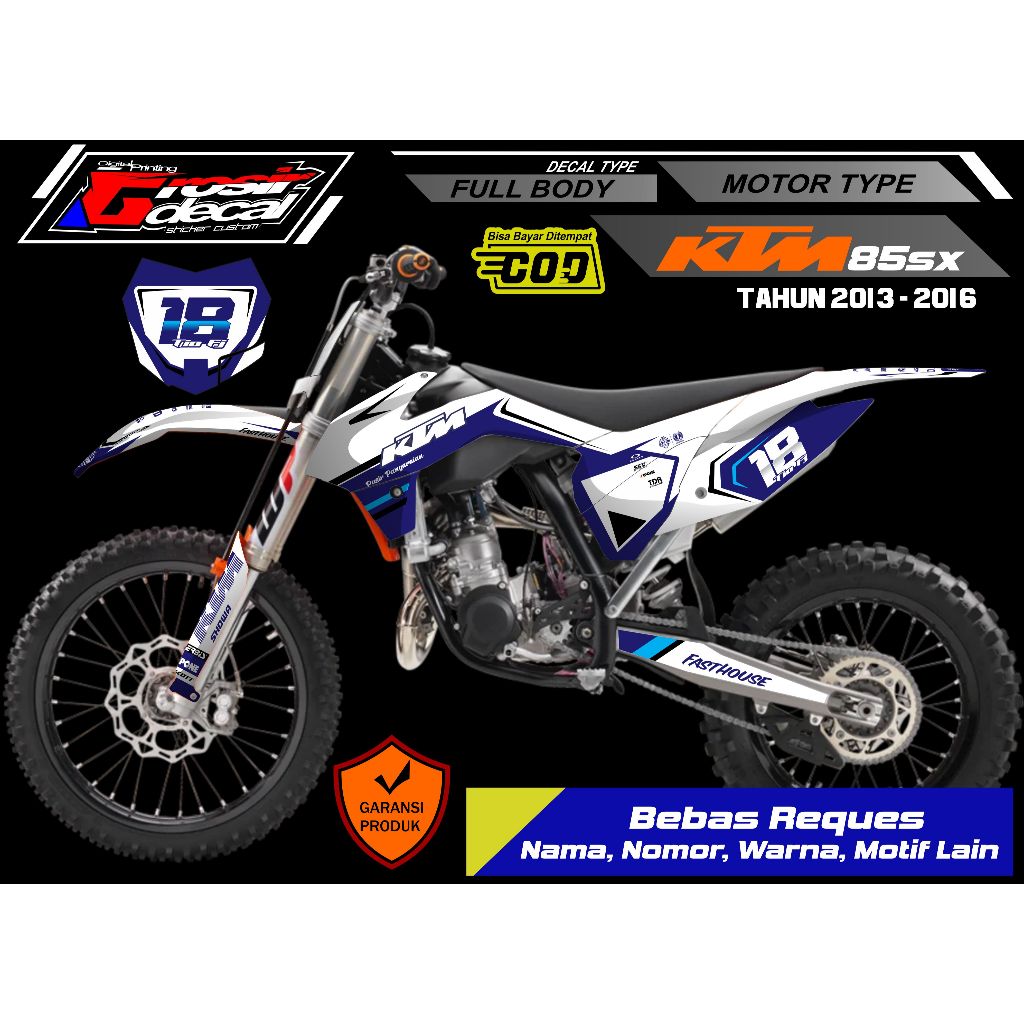 Sticker Decal Stiker KTM 85 SX 2013 - 2016 Putih Full Body Free Custom