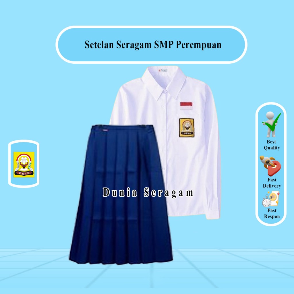Setelan SMP Baju Seragam Sekolah SMP Panjang Rok Panjang Cewek Perempuan Biru Putih By Dunia Seragam