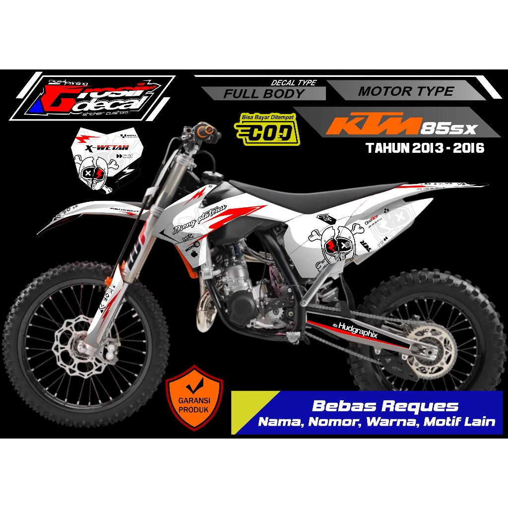 Decal Sticker Stiker KTM 85 2013 - 2016 Putih Full Body Bebas Reques