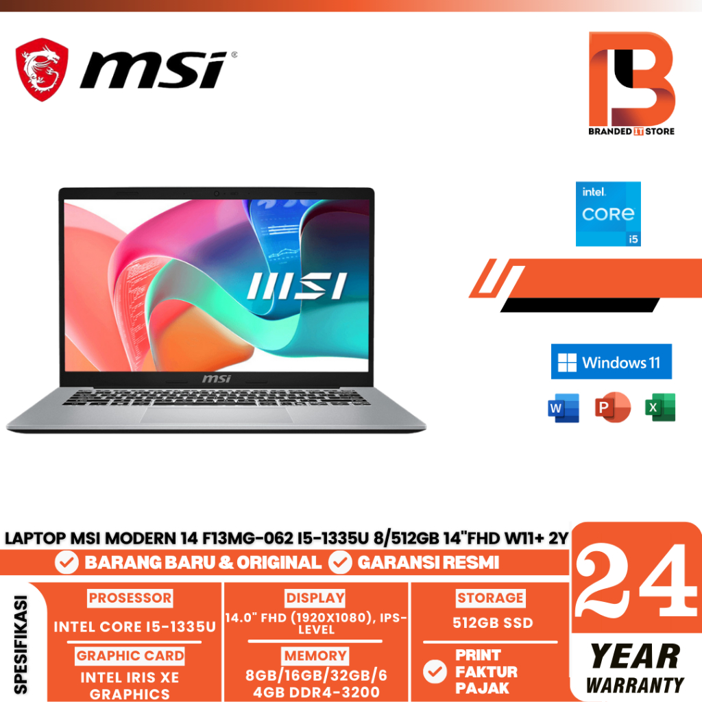 LAPTOP MSI MODERN 14 F13MG-062 i5-1335U 8/512GB 14"FHD W11+ 2Y