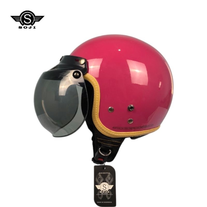 Helm SOJI Reno Retro Classic List Kulit Paket Kaca Cembung / Helm SNI / Helm Bogo / Helm Wanita Hija