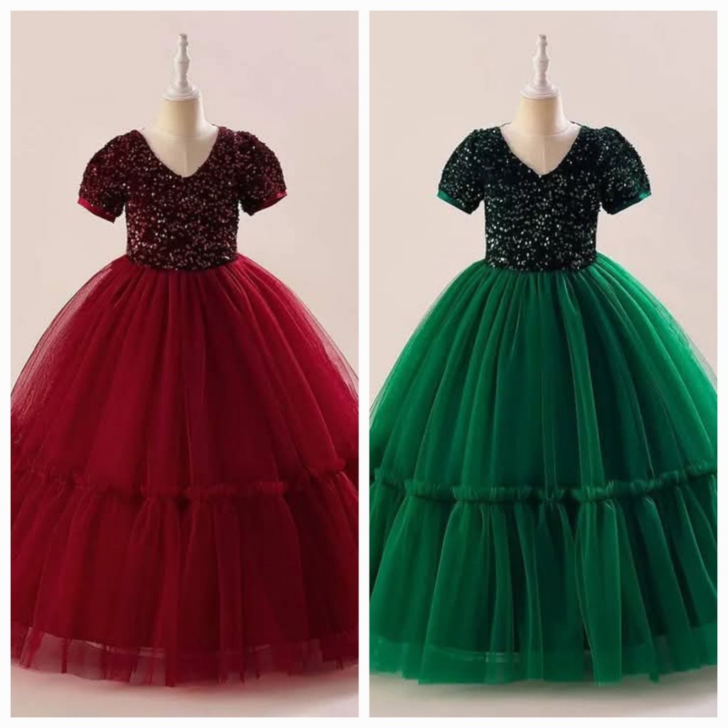 Gaun Dress Pesta Anak Perempuan Sequin Merah, Hijau