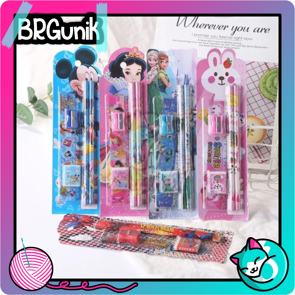 

BRGUNIK Stationery Set 5 in 1 Alat Tulis Anak Sekolah Penghapus penggaris Pensil Serutan Karakter Lucu S004