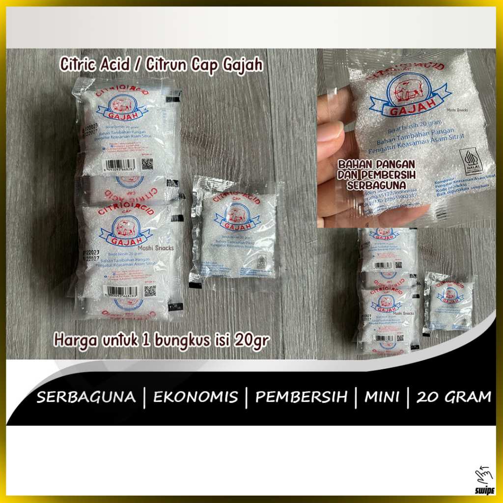 

Asam Sitrat Sitrun Cap Gajah Citrun Citric Acid 20gr Food Grade Pemutih Pembersih Serbaguna