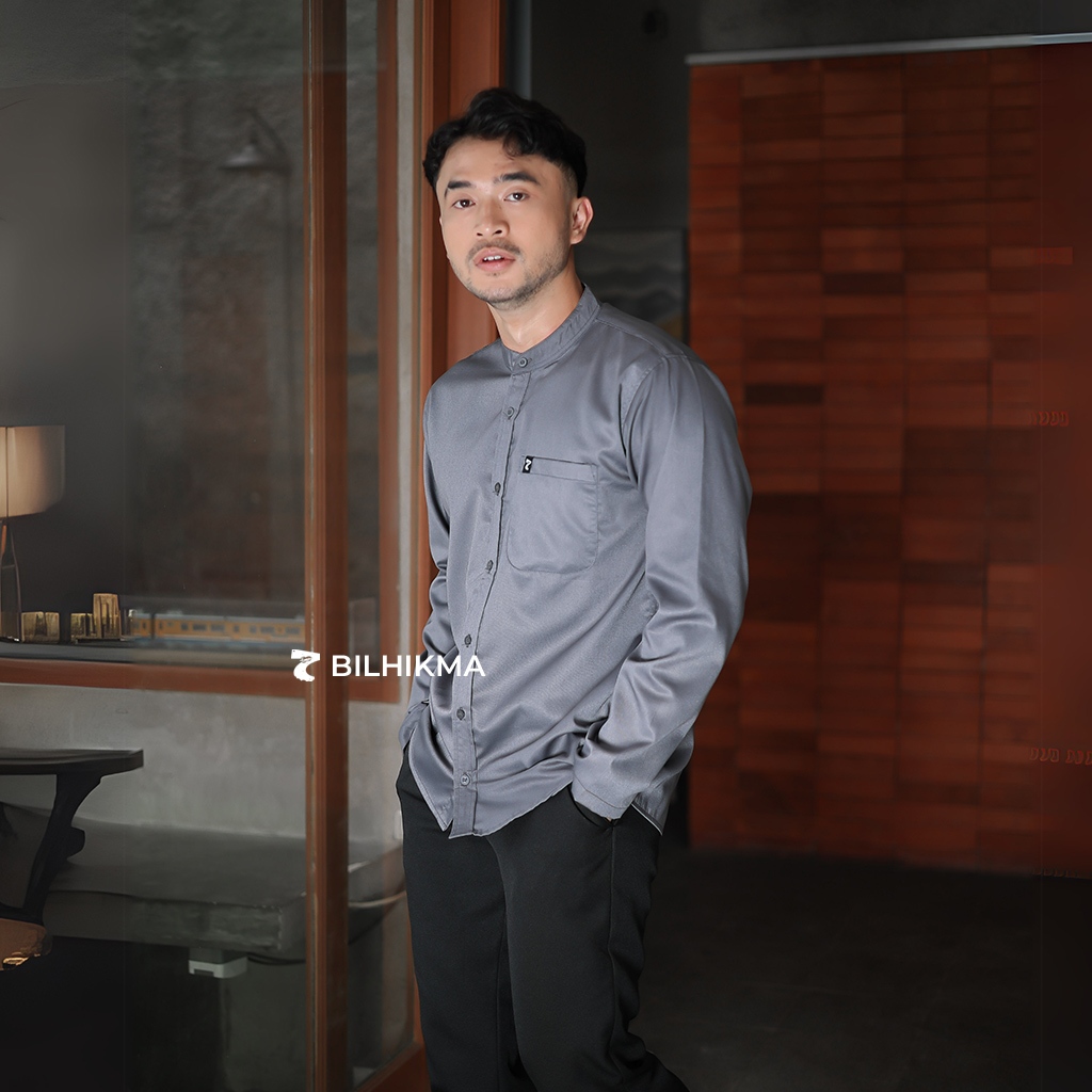 BILHIKMA Baju Kemeja Koko Lengan Panjang Remaja dan Pria Dewasa Kemko Jamal Warna Abu Dark Grey