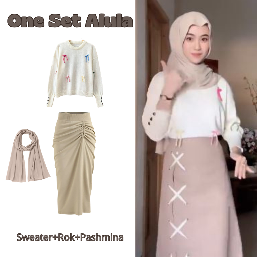 One Set Alula (Sweater+Rok+Pashmina) Ootd Wanita Ternyaman