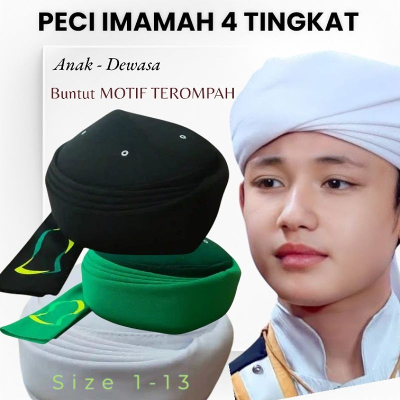 Peci Imamah Permanen Anak dan Dewasa 4 Tingkat buntut Motif
