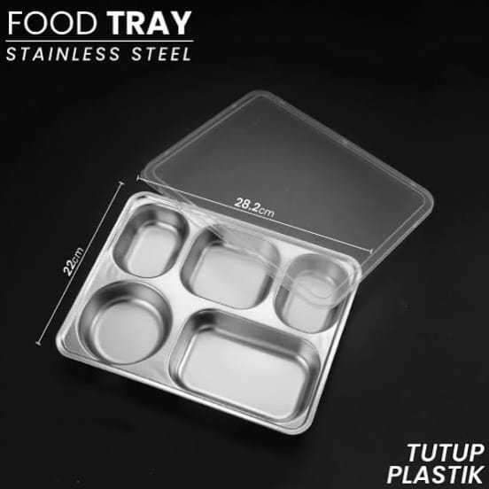 Food Tray Stainless 5 Sekat + Penutup Mika - Mesh Tray Wadah Makan Stainless