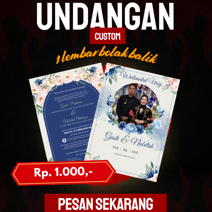 UNDANGAN PERNIKAHAN, SATU LEMBAR BOLAK BALIK,  BAHAN MENGKILAP, GRATIS FOTO, UNIK, ELEGAN