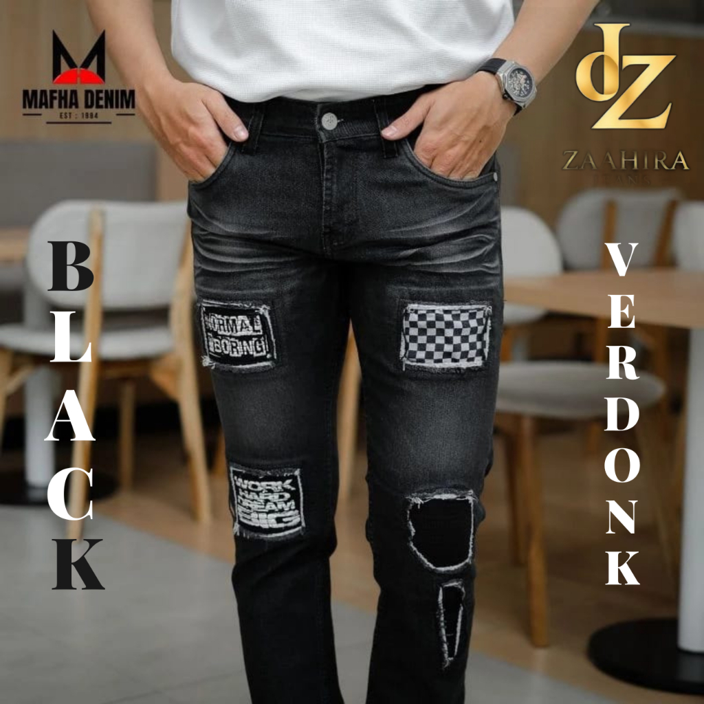 Celana Jeans Denim Robek Destroy Fifty Lokal Wisker Zeg Sobek Angels Panjang Bahan Black Dhozen Pria