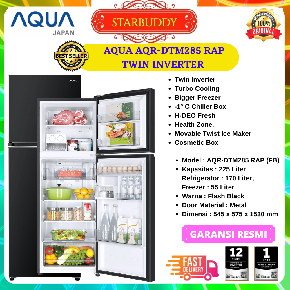 KULKAS AQUA AQR-DTM285RAP(FB), DTM 285 RAP 2 PINTU INVERTER