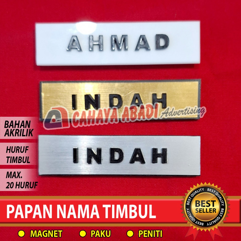 

Papan Nama TImbul Name Tag Timbul Nama Dada Timbul Emas Silver Putih